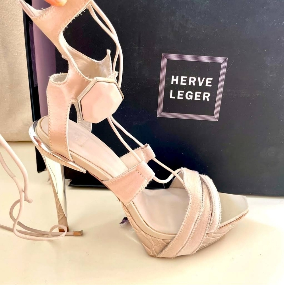 Herve Leger White Leather Platform High-Ankle Straps Heels Size European 37